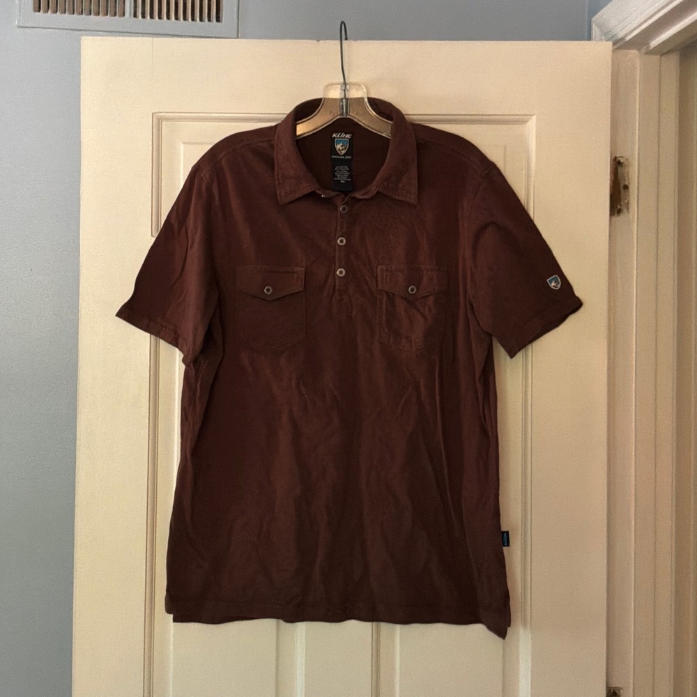 Kuhl Mens Brown Short Sleeve Polo Shirt Dual Pocket Outdoor Hiking Top Medium